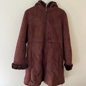 Gallery Long Brown Faux Fur Zip Up Hooded Coat Women's Size Medium